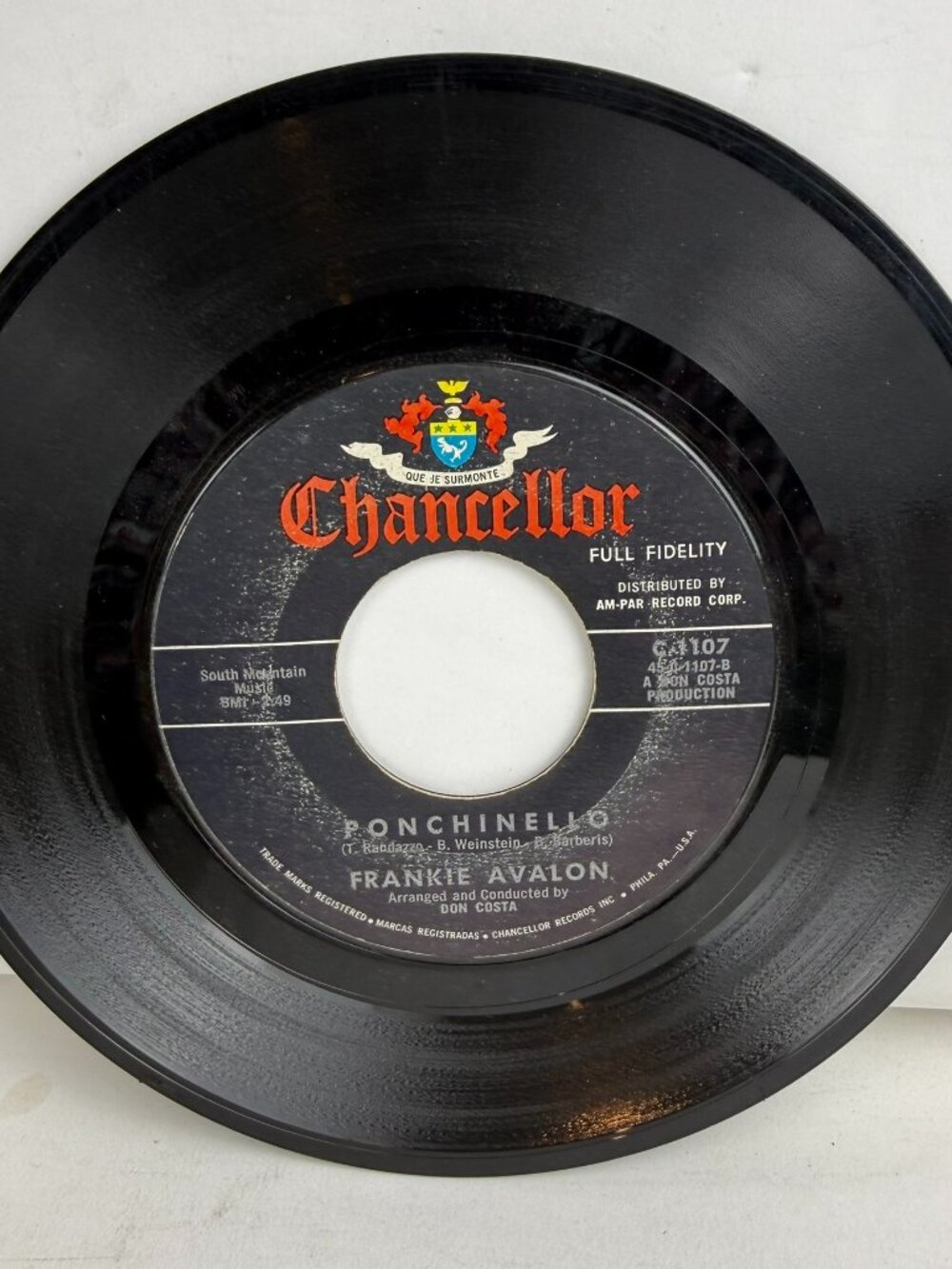 Frankie Avalon You Are Mine / Ponchinello 7" Vinyl 45 RPM Chancellor C-1107